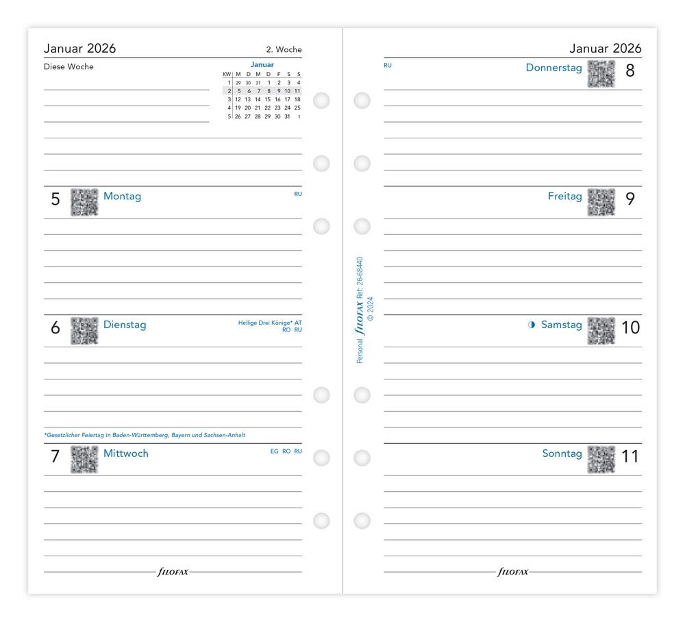 Filofax - Kalendereinlage Personal - 1 Woche auf 2 Seiten - Vertikal - 2026