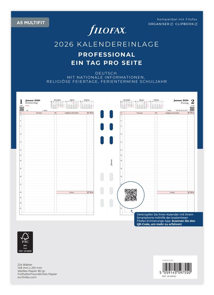 Filofax - Kalendereinlage Professional - A5 - 1 Tag auf 1 Seite - 2026