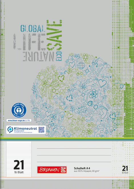 Schulheft Recycling A4 liniert, 30-linig, Lin. 21 grau-grün, 16 Blatt