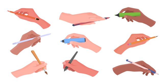Hands holding writing and drawing tools vector illustrations set_650x330