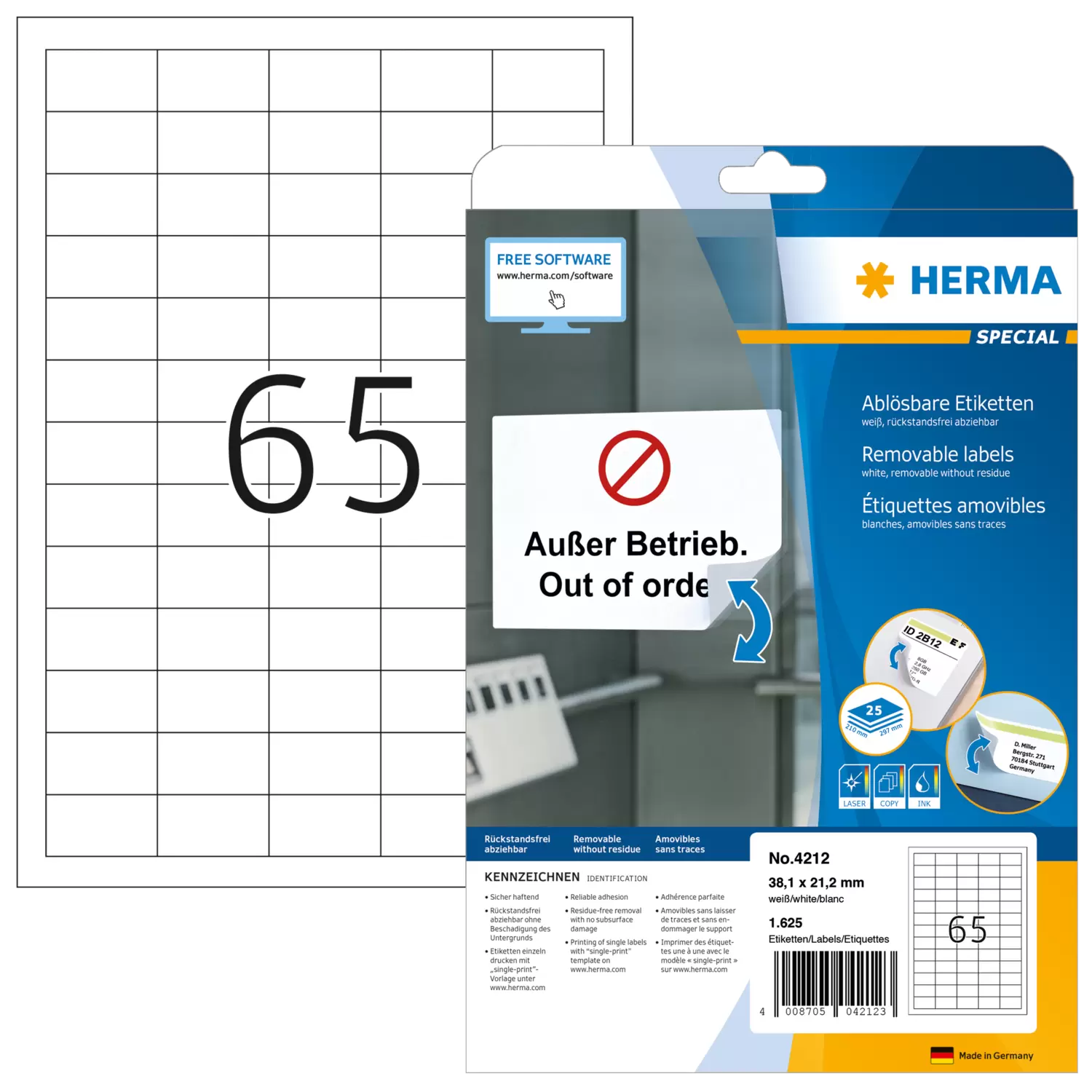 Herma - Kopieretiketten 38,1x21,2mm/25 weiß ablösbar 1625 Etiketten
