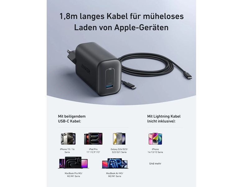 ANKER - Nano Charger - 100W GaN Ladegerät - USB-C inkl. 1,8m Kabel - Schwarz