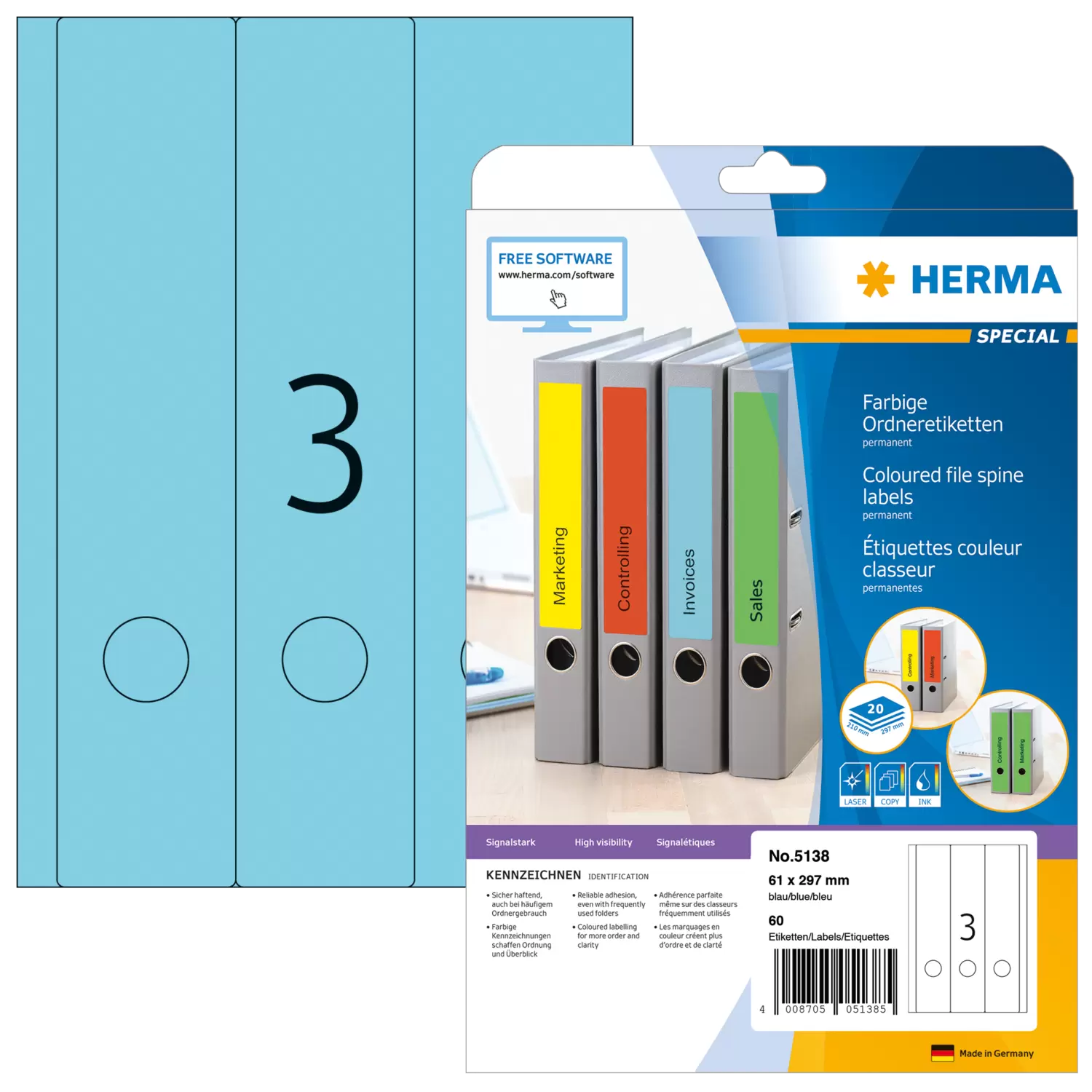 Herma - Kopieretiketten 61x297mm/25 blau 75 Etiketten, für Ordnerrücken breit