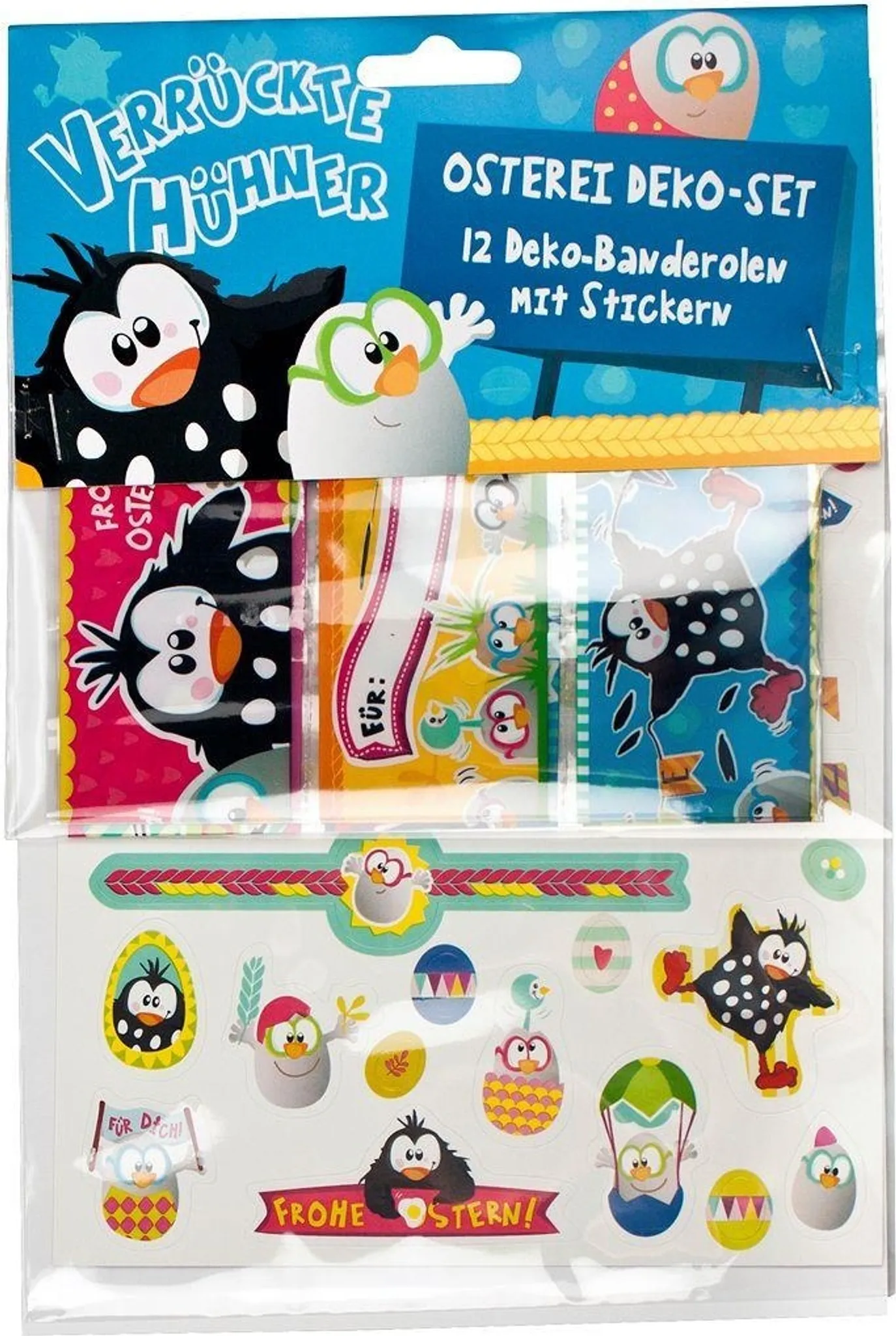 Trendhaus - Osterei-Deko-Set "Verrückte Hühner" - 12 Deko-Banderolen mit Stickern