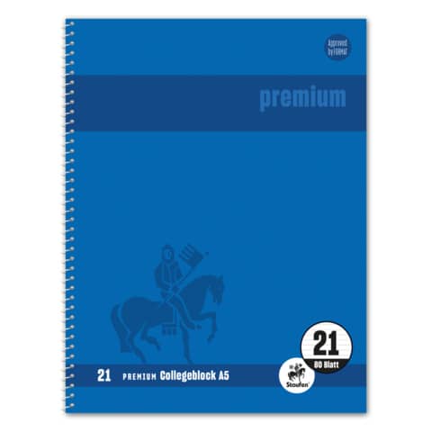 Staufen® - Collegeblock Premium LIN 21 - A5, 80 Blatt, 90 g/qm, blau, liniert mit Rand innen