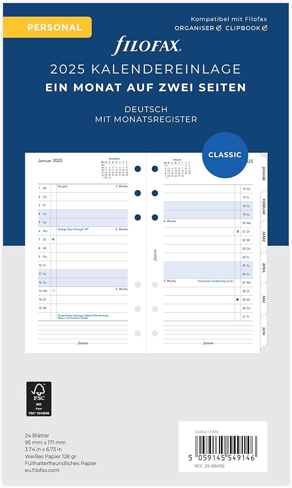 Filofax - Kalendereinlage Personal - 1 Monat auf 2 Seiten - 2025