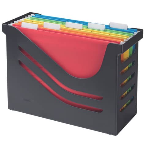 Jalema - Hängemappenbox Re-Solution - schwarz, gefüllt mit 5 farbigen Hängemappen A4