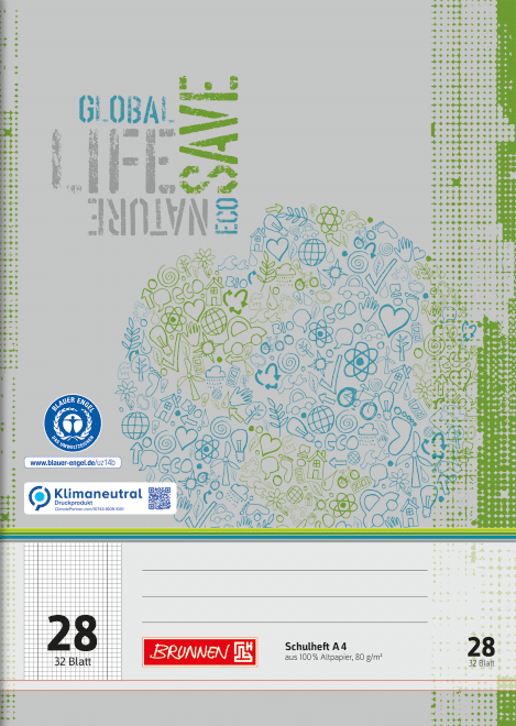 Schulheft Recycling A4 kariert, Lin. 28 grau-grün, 32 Blatt