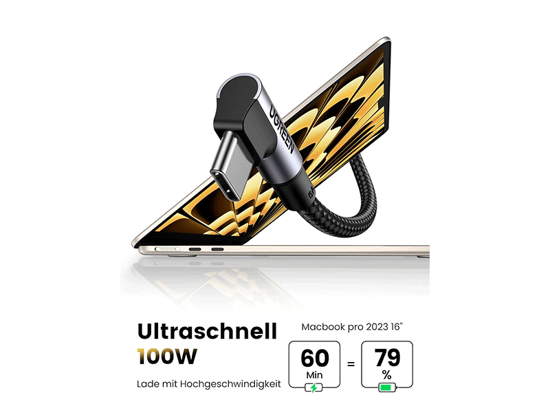 UGREEN - Ladekabel mit Winkelstecker - USB-C auf USB-C- 100W - 1m - Schwarz