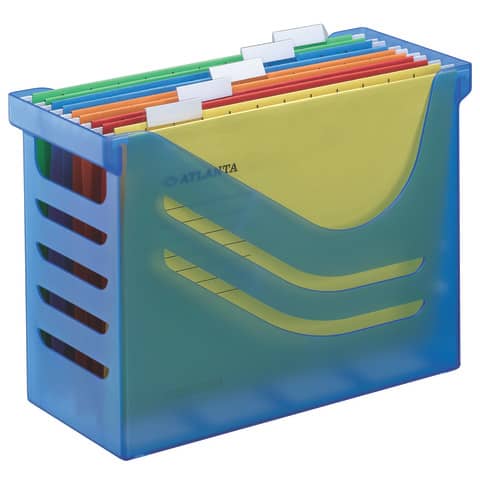 Jalema - Hängemappenbox - blau transluszent, gefüllt mit 5 farbigen Hängemappen A4