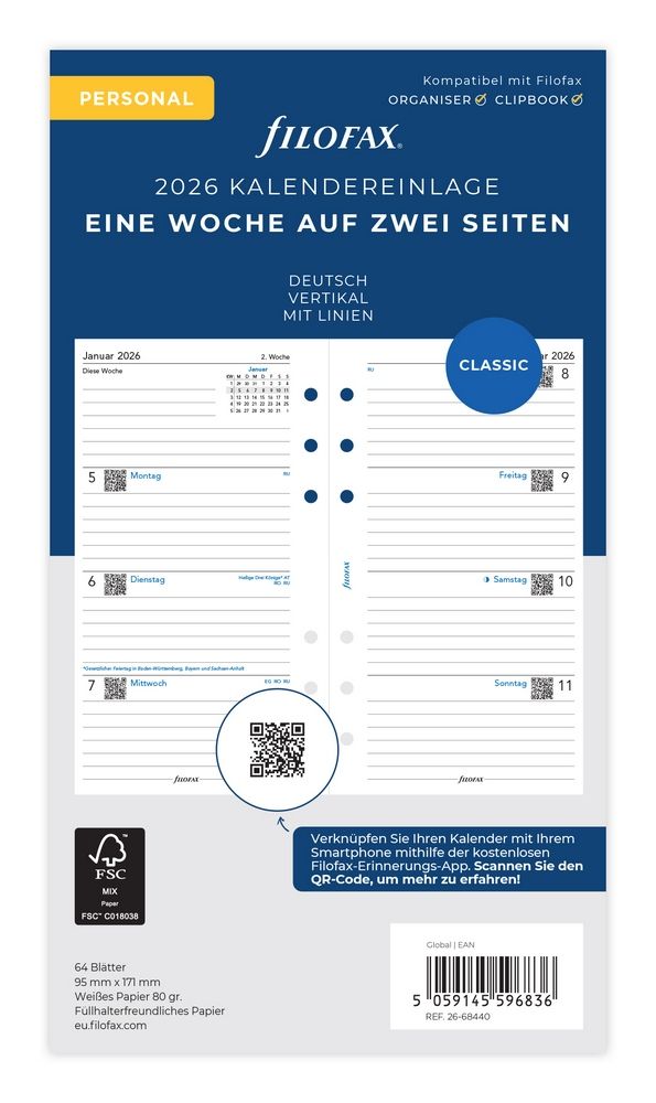 Filofax - Kalendereinlage Personal - 1 Woche auf 2 Seiten - Vertikal - 2026