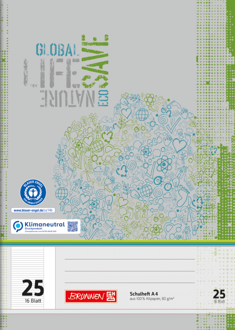 Schulheft Recycling A4 liniert, mit Rand, Lin. 25 grau-grün, 16 Blatt